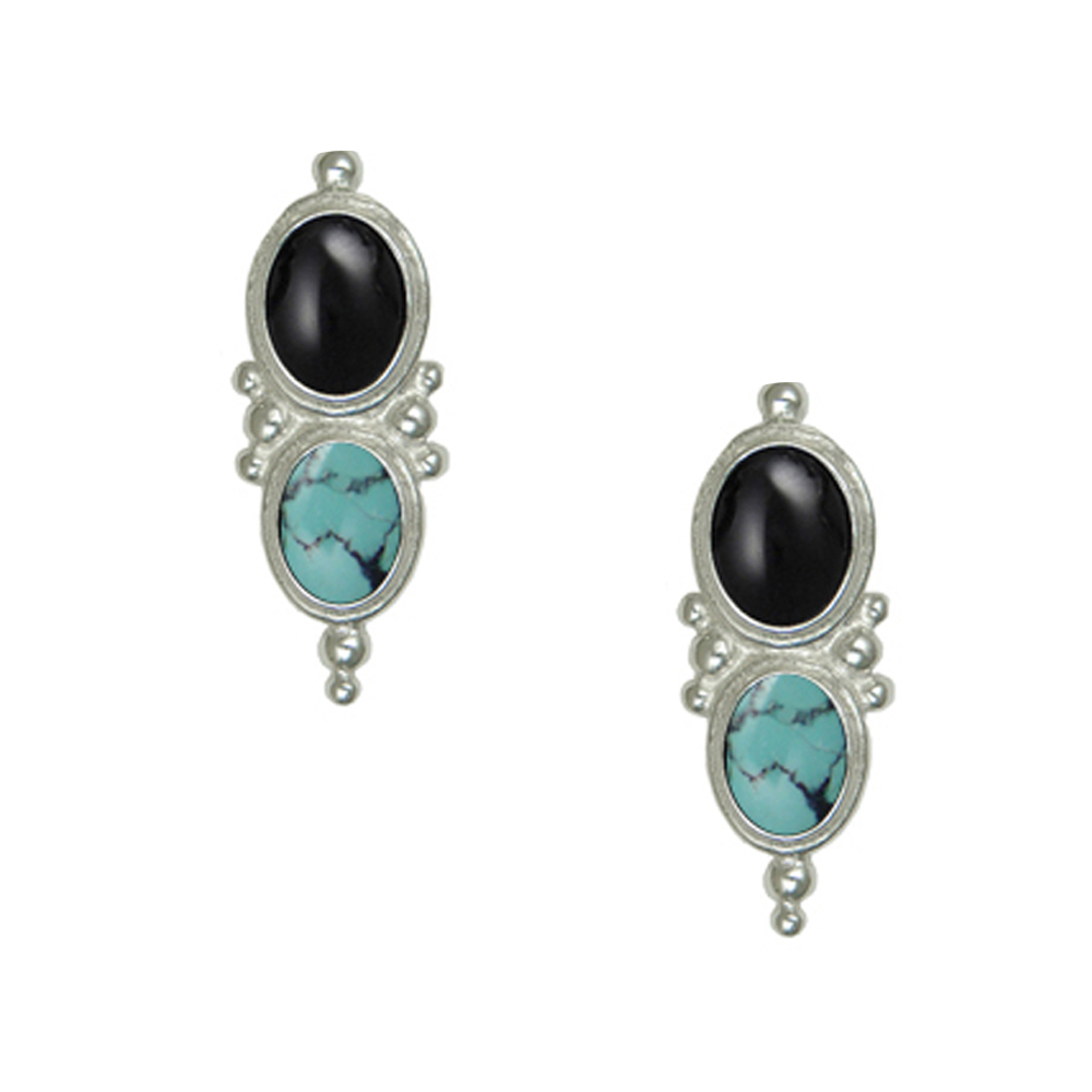 Sterling Silver Drop Dangle Earrings With Black Onyx And Chinese Turquoise